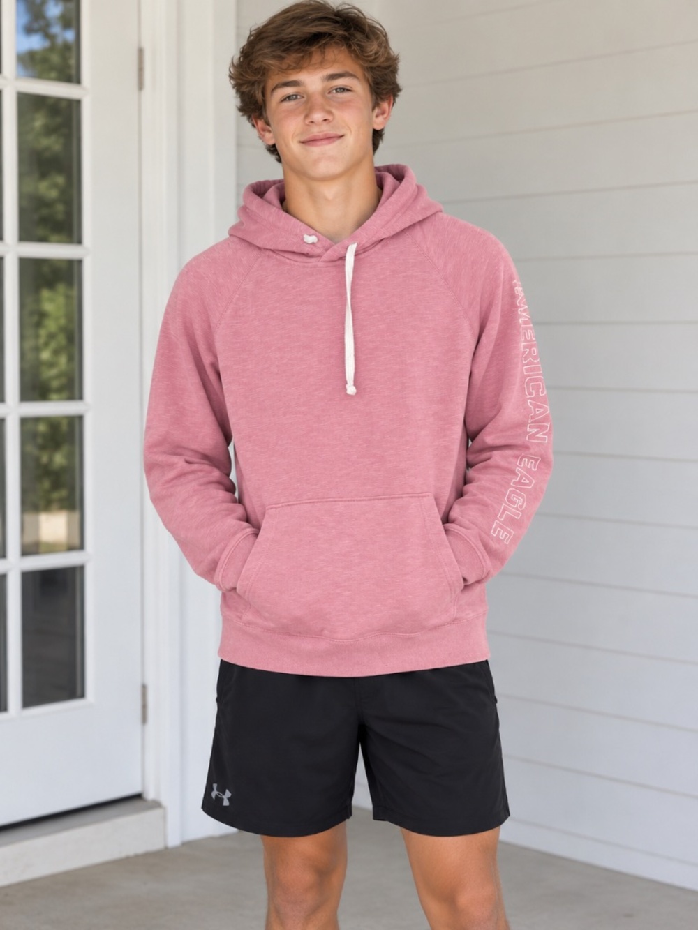 American Eagle pink graphic sleeve pullover hoodie sweatshirt, size M